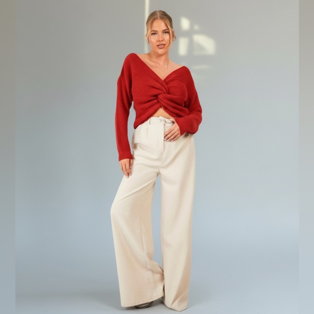 NEW•16•Minimalist Brick Red Twist Reversible Sweater